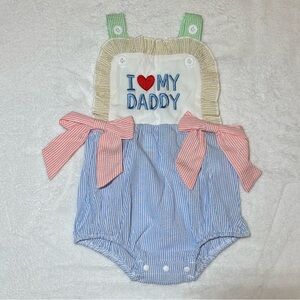 NWOT Color Block seersucker embroidered I Love My Daddy bubble romper  6/12mo